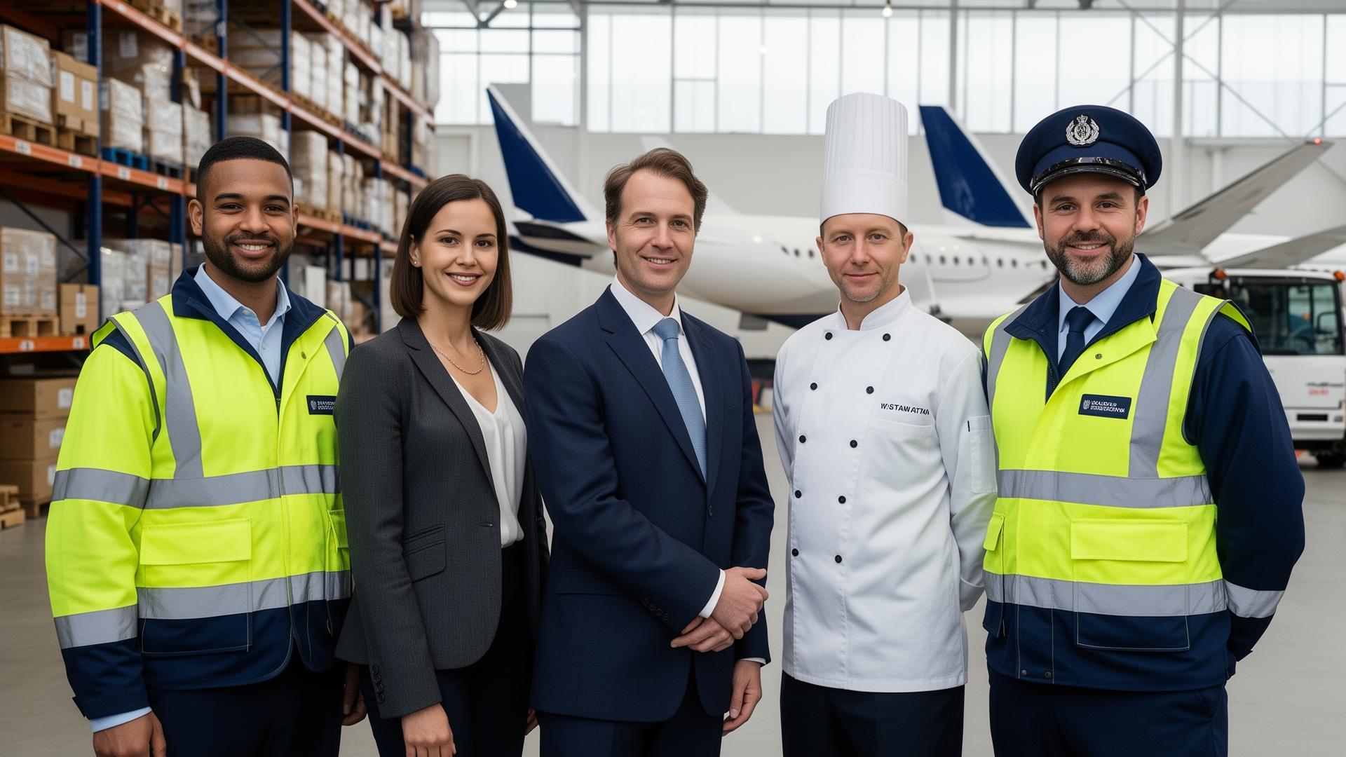 Diverse team of UK professionals — warehouse, office, aviation, catering and driving staff